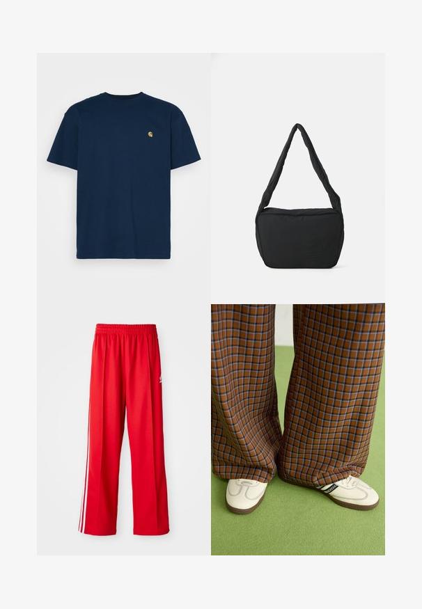 Carhartt WIP CHASE - T-shirts basic - mizar/gold; Røde træningsbukser lavet af letvægtigt stof, med en elastisk talje, to hvide sidestreger og et lille logo på hoften.; Brune og blå ternede brede benbukser parret med hvide sko med sorte accenter og strukturerede såler, sat mod en grøn baggrund.; Sort skuldertaske med en polstret tekstur, en rund form og et bredt rem, præget med et logo på forsiden.