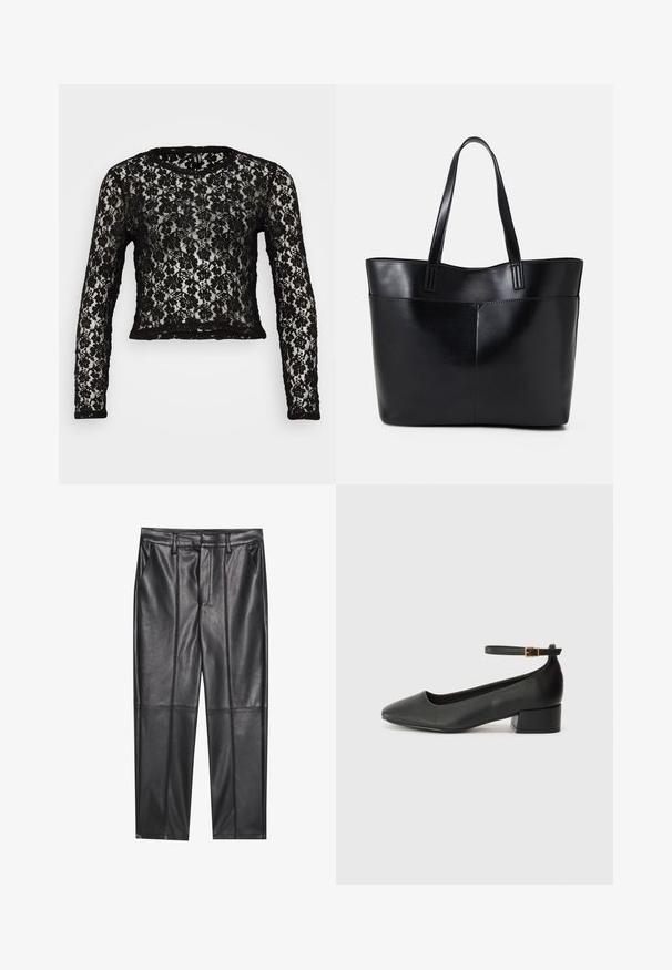 Must mustriline must-sleeve top ümmarguse kaelusega. Kaunistatud lillemustriga ja lühikese lõikega. Läbipaistev tekstuur, millel on tahke must äär allservas ja varrukatel.; Mustad nahkpüksid sileda tekstuuriga, sirge lõikega, kahe eesmine taskuga ja nähtavate õmblusteta.; Must mustaapp, millel on terav nina ja madal blokk-kand. Omab pahkluu rihma koos kuldse tooni pandlaga. Sile tekstuur.; Must mustaga musta nahast, millel on kaks pikka kanda, sile tekstuur ja struktureeritud kuju. Esipoolsel on lisakoti jaoks tasku.