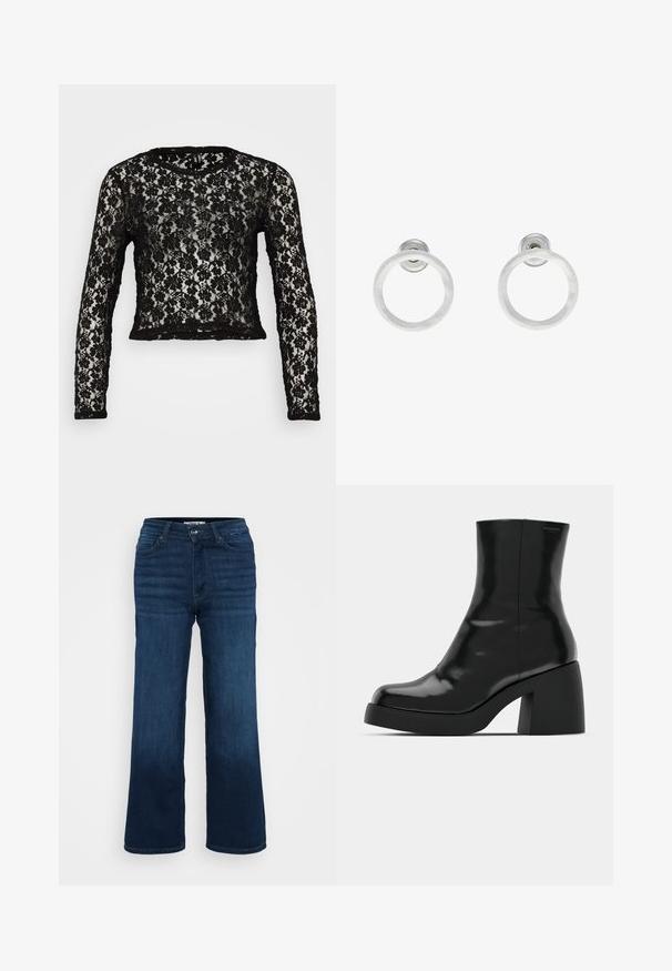 Black lace long-sleeve top with a round neckline. Features floral pattern and a cropped fit. Sheer texture with solid black trim at the hem and cuffs.; ONLY Petite ONLMADISON BLUSH WIDE - Wide Leg - dark blue denim; Black ankle boots with a glossy finish, square toe, and a thick block heel. The design features a seamless silhouette and minimal branding.; Silver metal hoop earrings with a brushed texture, featuring a circular design and a clear post back for secure wear.