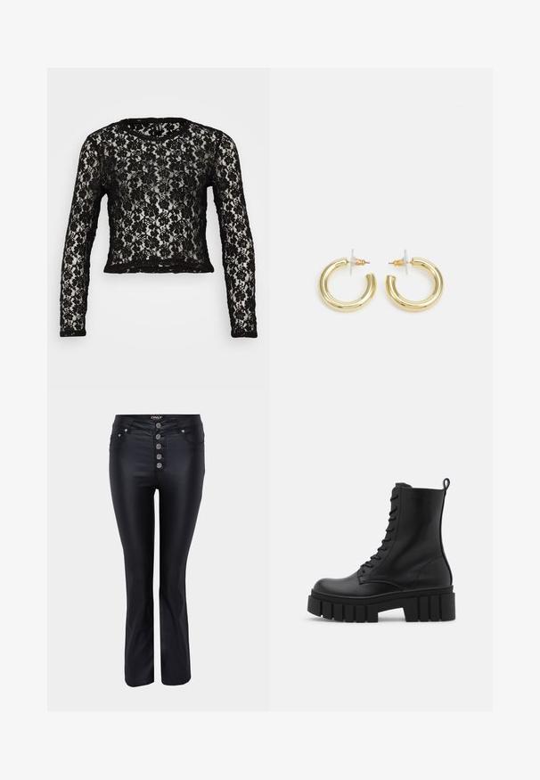 Črni čipkast top z dolgimi rokavi in okroglim izrezom. Ima cvetlični vzorec in skrajšan kroj. Prosojna struktura s trdim črnim obrobom na robu in manšetah.; Črne flare kavbojke z elegantnim dizajnom, izdelane iz gladkega materiala. Imajo pet srebrnih gumbov in sprednje žepi.; Črne usnjene gležnjarje z debelim, rebrastim podplatom, vezanjem na sprednji strani in zanka za vlečenje na gladki beli podlagi.; Zlate uhane v obliki obročkov z gladko, sijočo površino. Krožna zasnova s majhnim nosilcem in prozornim podplatom za varno nošenje.