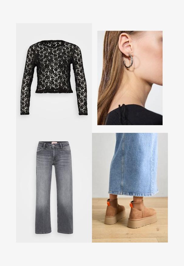 Schwarzes Spitzenoberteil mit langen Ärmeln und rundem Ausschnitt. Verfügt über ein florales Muster und einen cropped Schnitt. Durchsichtige Textur mit solidem schwarzen Saum und Bündchen.; Graue Jeans aus Denim mit geradem Bein, fünf Taschen, dezentem Verblassen und einem Knopfverschluss in der Taille.; Braune Wildleder-Plateau-Stiefel mit elastischen Seitenpaneelen und orangen Zuglaschen, kombiniert mit einem knielangen hellen Jeansrock auf einem Holzboden.; Silberne Creolen mit polierter Oberfläche, die kleine goldene Akzentdetails und eine runde Form aufweisen, am Ohrläppchen getragen.