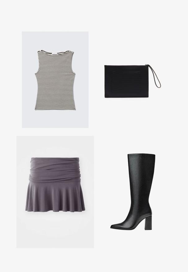 Csíkos, ujjtalan felső barna és krém színben, kerek nyakkal és testhez simuló kialakítással. Puha, rugalmas anyagból készült.; Szürke, térd alatt végződő szoknya, puha anyagból, ráncolt derékkal és bővülő szegéllyel. Simaság jellemzi és egyszerű dizájnja van.; Fekete, térd fölé érő csizma műbőrből, hegyes orral, sima felülettel és tömör, blokk sarkú kialakítással. Minimalista dizájn, látható díszítések nélkül.; Fekete, texturált szövetből készült kézitáska, téglalap alakú, cipzáras záródással és csuklópánttal. Elülső zsebet is tartalmaz.