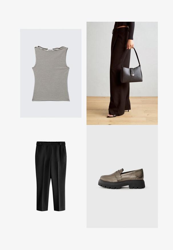 Striped sleeveless top in brown and cream, featuring a round neck and a form-fitting design. Made from a soft, stretchy fabric.; Black cropped trousers with a relaxed fit, elastic waistband, and two front pockets. Fabric has a smooth texture with a slightly shiny finish.; Metallic olive-green leather loafers with a rounded toe, black chunky rubber sole, and minimal stitching detail on the upper.; Black handbag with structured shape, smooth texture, and a metallic clasp. Paired with wide black pants and open-toe sandals on wooden floor.