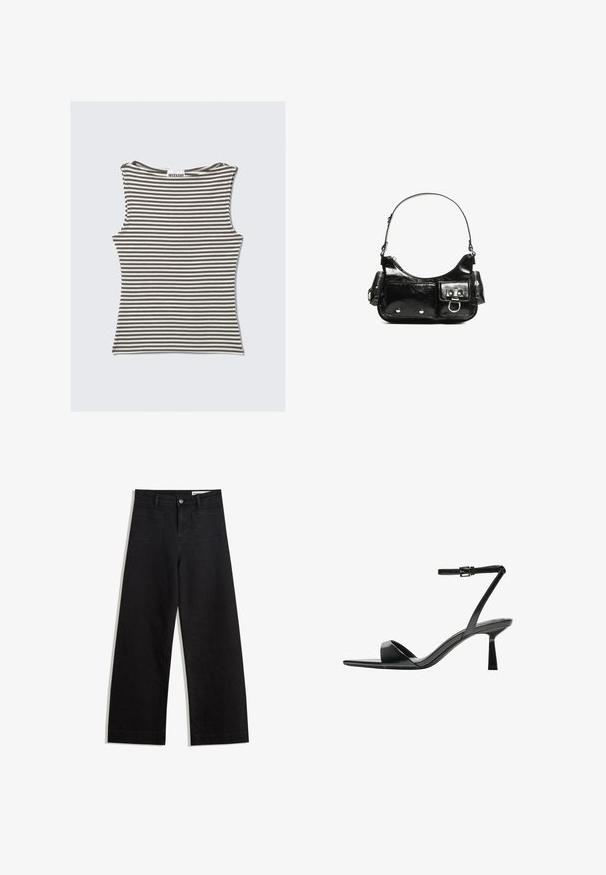 Top fără mâneci, cu dungi în nuanțe de maro și crem, având un guler rotund și un design ajustat. Fabricat dintr-un material moale și elastic.; Pantaloni din denim negri cu picioare largi, cu talie înaltă, având buzunare frontale și posterioare, cusături dublate și închidere cu nasture. Textură netedă.; Bershka Sandale cu toc - black; Geantă de mână din piele lăcuită neagră, cu o formă curbată, un umăr, buzunare frontale și accente din metal argintiu.