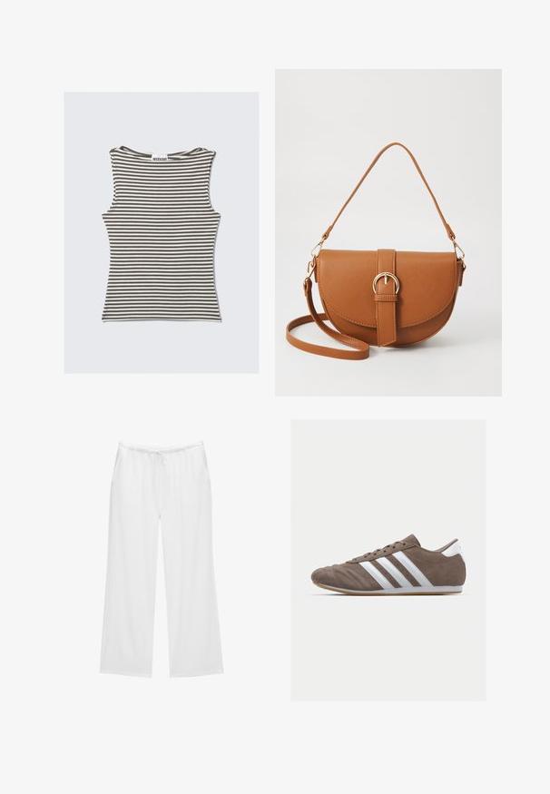 Gestreepte mouwloze top in bruin en crème, met een ronde hals en een slim-fit ontwerp. Gemaakt van een zachte, rekbare stof.; Witte wijde broekspunten gemaakt van zachte stof, met een elastische tailleband en een koord, en twee zijzakken. Eenvoudig en strak ontwerp.; Bruine suède sportschoen met witte strepen, ronde neus, vetersluiting en gumrubberen zool. Gestructureerde bovenkant met stikseldetails.; Bruine leren schoudertas met een gebogen vorm, gouden hardware en een gespaccent. Bevat een afneembare schouderriem.