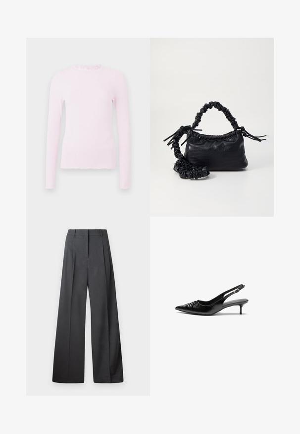 Pink long-sleeve top in ribbed texture, featuring a ruffled collar and a fitted design with frayed hem detail.; Wide-leg trousers in dark gray fabric, featuring a high waist, single pleats, and a smooth texture with a clean finish at the hems.; Black leather slingback heels with a pointed toe, low kitten heel, and gathered detail on the vamp. Smooth texture and minimalist design.; Black faux leather handbag with a crocodile texture, cinched top, and a scrunched strap. Appears soft and compact in design.