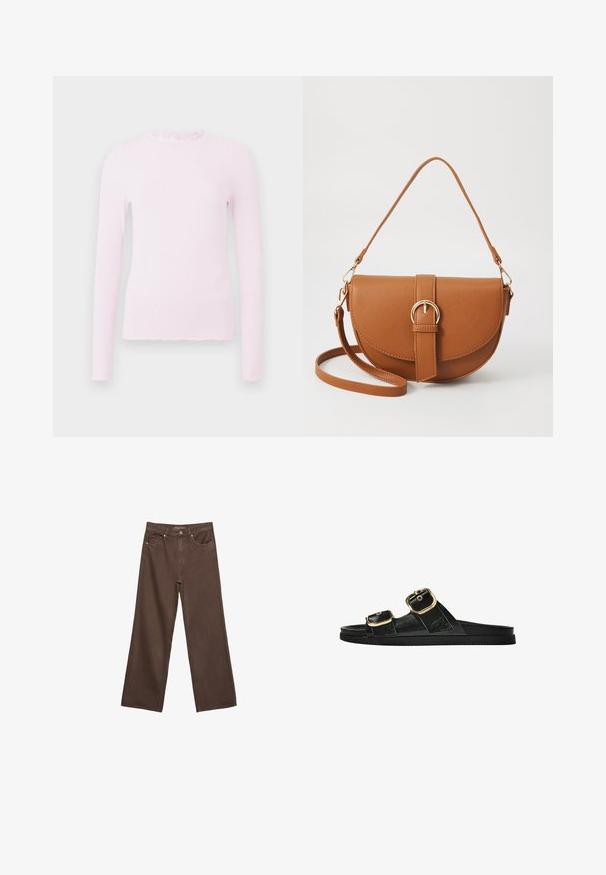 Rosa Langarmoberteil in Rippstruktur, mit rüschigem Kragen und tailliertem Design mit ausgefranstem Saumdetail.; Weite braune Jeans aus Denim, mit hoher Taille, Fronttaschen und klassischem Knopfverschluss. Glatte Textur mit feinen Nähten.; Schwarze Riemensandale mit zwei goldenen Schnallendetails, glattem Material, flachem Sohlen und minimalistischer Gestaltung.; Braune Leder-Crossbody-Tasche mit geschwungener Form, goldfarbenen Beschlägen und einer Schnallenakzentuierung. Verfügt über einen abnehmbaren Schultergurt.