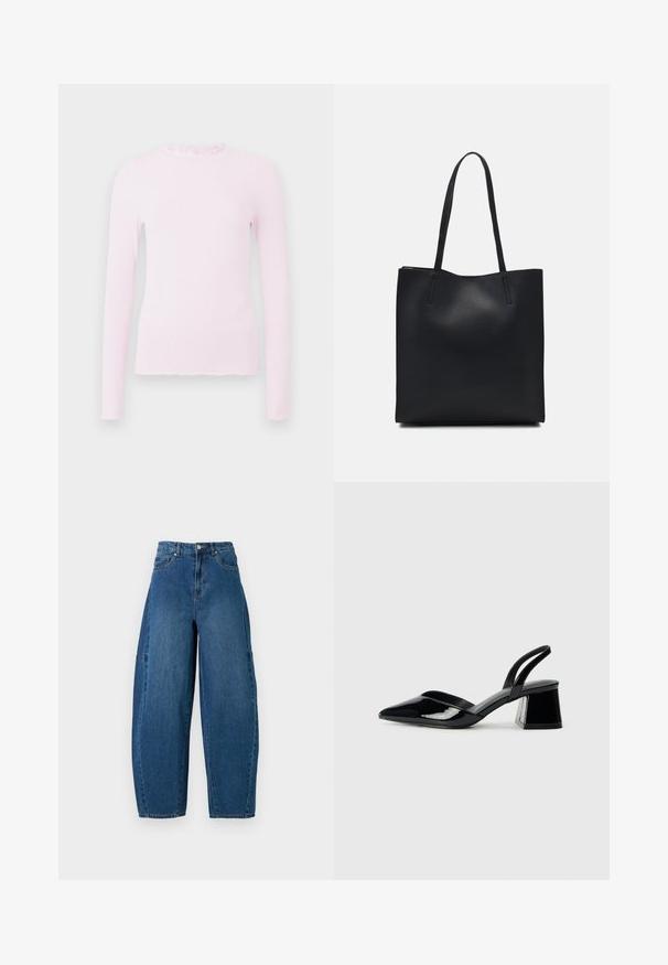 T-shirt pink de manga longa em textura canelada, com colarinho franzido e um design ajustado com detalhe de bainha desfiada.; Denim jeans em um tom de azul médio, apresentando uma cintura alta, corte largo e design padrão de cinco bolsos com detalhes de costura visíveis.; Sandy em verniz preto com salto slingback, ponta afilada e salto geométrico. Apresenta um design elegante e minimalista com textura suave.; Bolsa tote preta em couro com textura lisa, forma retangular e duas alças longas. Sem hardware ou enfeites visíveis.