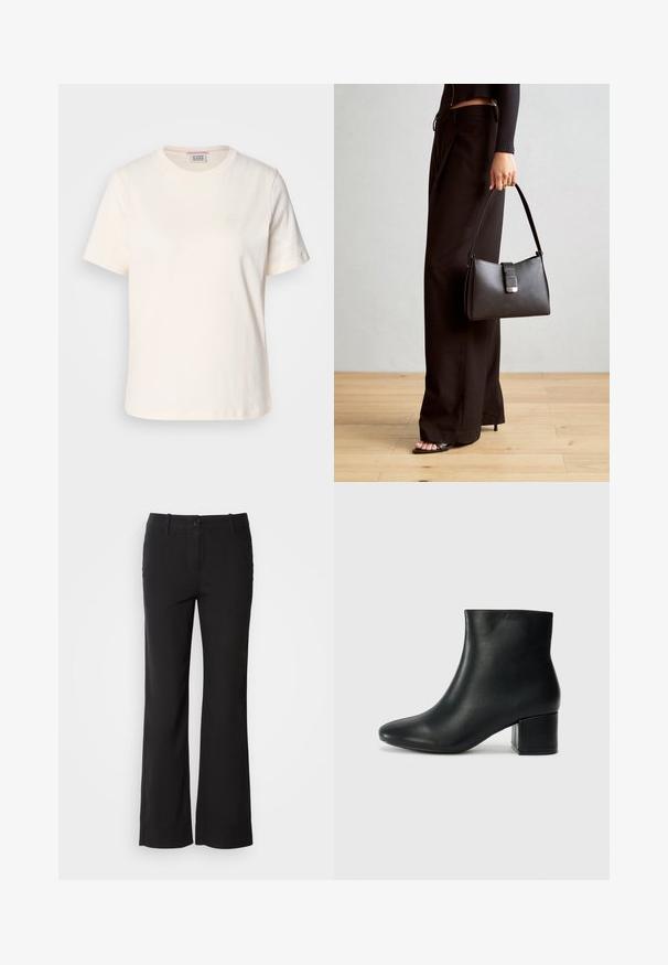 Cremfarbener Baumwoll-T-Shirt mit kurzen Ärmeln, Rundhalsausschnitt und subtiler geprägter Logodetail auf der Vorderseite. Glatte Textur, lässige Passform.; Schwarze Baumwollmischungshose mit geradem Bein, vorderem Knopfverschluss und zwei Seitentaschen. Glatte Textur, keine sichtbaren Muster.; Schwarze Leder-Ankle-Boots mit spitzem Zehenbereich und klobigem Absatz. Glatte Textur mit minimalen Akzenten und einem eleganten, taillierten Design.; Schwarze Handtasche mit strukturierter Form, glatter Textur und einem metallischen Verschluss. Kombiniert mit weiten schwarzen Hosen und offenen Sandalen auf einem Holzboden.