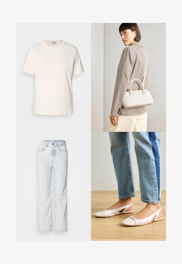 Cream-colored cotton T-shirt with short sleeves, crew neck, and subtle embossed logo detail on the front. Smooth texture, relaxed fit.; Light blue high-waisted jeans with a straight leg fit, made of denim. Features a button fly, five-pocket design, and subtle faded texture.; Pale pink slingback flats with a pointed toe, made from a smooth leather-like material. Features cut-out details at the sides and a flat heel.; White structured handbag with short handles and a shoulder strap, featuring gold hardware accents and textured material, displayed against a grey background.