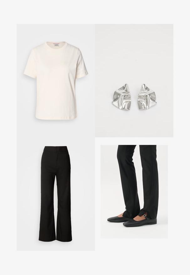Tricou din bumbac de culoare crem, cu mâneci scurte, guler rotund și detaliu subtil cu logo în relief pe față. Textură netedă, croială lejeră.; Pantaloni negri cu croi larg, dintr-o textură netedă, cu talie înaltă și un design simplu. Fără buzunare vizibile sau embellishments.; Balerini din piele neagră, cu vârf ascuțit, curea cu cataramă argintie, asortați cu pantaloni negri tailoring cu tiv despicat.; Cercei din metal argintiu cu un design sculptural ondulat, prezentând o finisare lucioasă și forme neregulate, evidențiind o estetică contemporană.