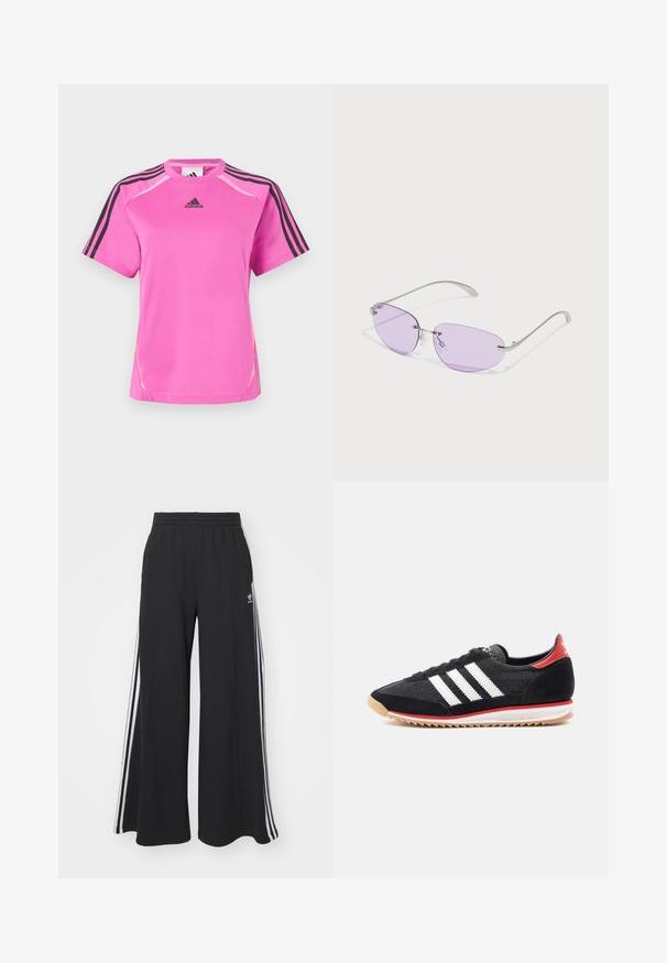Bright pink Adidas sports t-shirt with black three-stripe detail on sleeves and black Adidas logo on chest.; Black wide-leg sweatpants with an elastic waistband, featuring white side stripes and an embroidered logo on the left thigh.; Black athletic shoe with white stripes, suede accents, and a red heel. Mesh texture and rubber sole with a light brown tread.; Sunglasses with oval purple lenses, metal frame, and thin arms. Clear nose pads and subtle branding on the arm.
