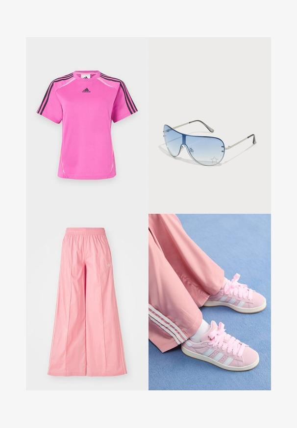 Živahna roza Adidas športna majica s črnim trakom s tridelnimi črtami na rokavih in črnim Adidas logotipom na prsih.; Roza široke hlače iz lahkega materiala, z elastičnim pasom in subtilnimi belimi stranskimi črtami. Majhen logo spredaj.; Roza športna obutev z svetlo modrimi črtami, okroglo konico in debelimi roza vezalkami, v kombinaciji z roza športnimi hlačami z belimi stranskimi črtami.; Pilotne sončne očala z gradijentnimi modrimi lečami, srebrnim kovinskim okvirjem in okrasnimi zvezdastimi detajli na lečah. Gladek in eleganten dizajn.