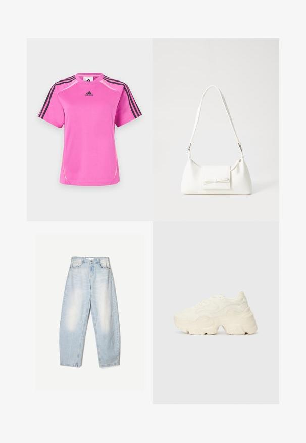 Živahna roza Adidas športna majica s črnim trakom s tridelnimi črtami na rokavih in črnim Adidas logotipom na prsih.; Svijetloplave traperice slobodnog kroja, s izbjeljenom završnom obradom, dva prednja džepa i kopčom na gumbe na pojasu.; Debele bele športne copate, izdelane iz teksturirane mrežaste in sintetične materialov, z debelim podplatom in zapletenimi vzorčičnimi detajli ob straneh.; Bela sintetična torbica v obliki trikotnika, z ravnim sprednjim poklopcem in detajlom mašne, nastavljivim trakom, gladko teksturo in minimalističnim dizajnom.