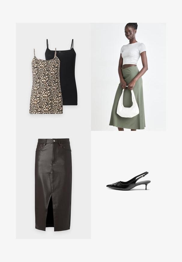 Kaks tanki: üks leopardi mustris beige ja must, teine täiesti must. Mõlemal on õhukesed reguleeritavad rihmad ja sobiv disain.; Pruun nahk midi-seelik, millel on esisilmus, viie-tasku disain ja metallnupu sulgemine. Sile tekstuur ja kohandatud istuvus.; Musthave nahkased kõrged kontsad, millel on terav varvas, väike kitten-kont ja dekoratiivne sõlm ees. Ühtlane sile tekstuur.; Hallid hall pitsakene ja oliiviroheline kõrge vöökohtadega seelik. Mudel hoiab käes valget õlakotit, millel on lõikega detailid. Lihtne disain, vormiline siluett.