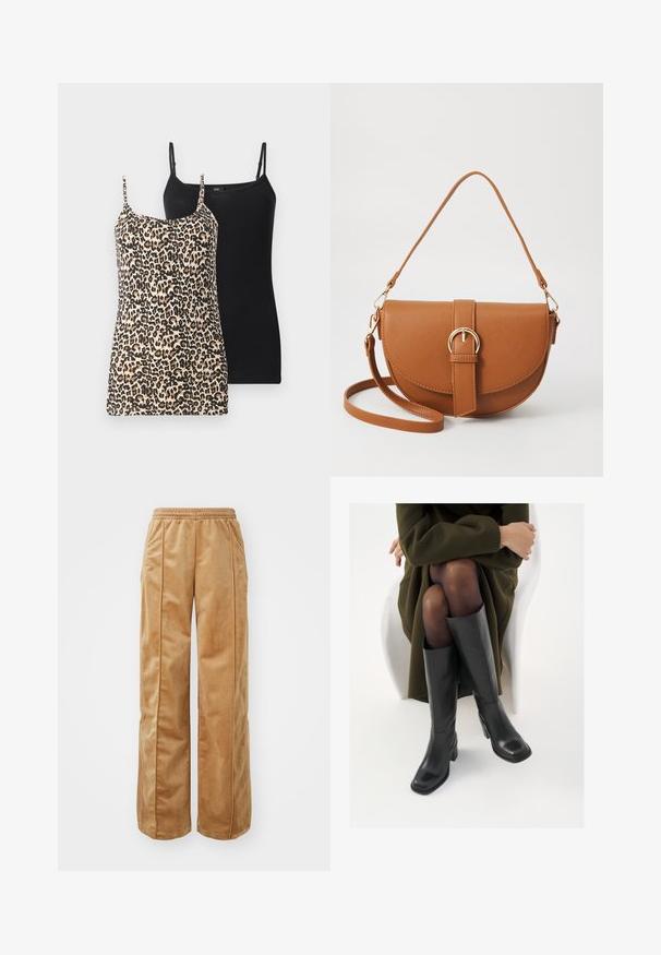 Dos camisetas sin mangas: una con un estampado de leopardo en beige y negro, y la otra en negro liso. Ambas cuentan con tirantes finos ajustables y un diseño ajustado.; Pantalones de pierna ancha en tono beige, fabricados con un material suave y aterciopelado. Cuentan con una cinturilla elástica y costuras verticales en la parte delantera para un detalle adicional.; Botas de cuero negro hasta la rodilla con puntera cuadrada y tacón de bloque, presentadas con un modelo sentado en un abrigo verde oliva. Textura suave, mínimo detalle.; Bolso bandolera de cuero marrón con forma curvada, herrajes dorados y un acento de hebilla. Incluye una correa de hombro desmontable.