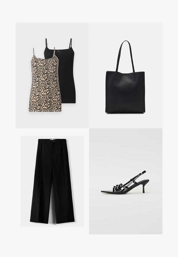 Două topuri fără mâneci: unul cu un imprimeu de leopard în bej și negru, iar celălalt complet negru. Ambele au bretele subțiri ajustabile și un design ajustat.; Pantaloni negri cu picior larg, fabricați dintr-un material ușor, cu închidere frontală cu nasture și față plată, având tivuri cusute cu atenție.; Pantofii cu toc înalt, slingback, de culoare neagră, cu vârful ascuțit, având mai multe curele subțiri și accente circulare în partea din față.; Geantă tote neagră din piele, cu textură netedă, formă rectangulară și două mânere lungi. Fără hardware vizibil sau ornamente.
