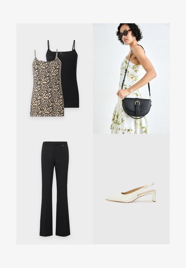 Divi topi: viens ar leoparda rakstu bēšā un melnā krāsā, otrs vienkrāsains melns. Abiem ir plānas regulējamas siksnas un pieguļošs dizains.; Melnas platās bikses izgatavotas no gludas auduma. Vidēja augstuma jostasvieta ar jostu cilpiņām, plakans priekšpuse un neliels zelta akcents pie jostasvietas.; Balta patent ādas sandale ar norādītu purngalu un zemu blokus papēdi. Satur smalku siksniņu ar zelta krāsas sprādzi.; Melnas ādas rokassoma ar izliekta formu, noņemamu siksnu un zelta aksesuāriem. Somai ir vāciņš ar sprādzes detaļu.