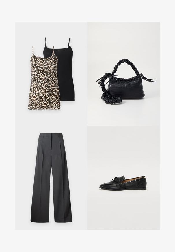 Du gaugai: vienas su leopardų raštu smėlio ir juodos spalvos, kitas visiškai juodas. Abu turi plonas reguliuojamas petnešas ir aptemptą dizainą.; Tamsiai pilkos plačios kojos kelnės, turinčios aukštą liemenį, vieną raukšlę ir sklandžią tekstūrą su tvarkingais kraštais.; Juodi odiniai loafai su surišta mazgeliu, su auksinėmis akytėmis šoninėse dalyse ir plokščiu guminiu padu. Lygus paviršius, klasikinis dizainas.; Juodas dirbtinės odos rankinė su krokodilo tekstūra, sušnibždinta viršuje ir susikraipytu dirželiu. Atrodo minkšta ir kompaktiška.