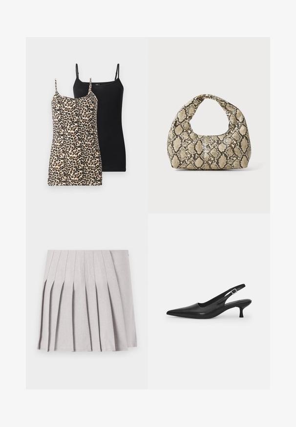 Divi topi: viens ar leoparda rakstu bēšā un melnā krāsā, otrs vienkrāsains melns. Abiem ir plānas regulējamas siksnas un pieguļošs dizains.; Pelēka pleitota svārku ar gludu tekstūru, kas piedāvā vairākus vertikālus savilkumus un pieguļošu jostasvietu. Izgatavots no viegla auduma.; Melnas ādas slīdošās kurpes ar norādītu pirkstu un šauru, izliekta papēdi. Ar diskrētu regulējamu siksniņu ar metāla sprādzi.; Čūsku raksta soma ar izliekto rokturi. Izgatavota no teksturētiem, bēšiem un brūniem materiāliem, ar izteiksmīgu dimanta rakstu.