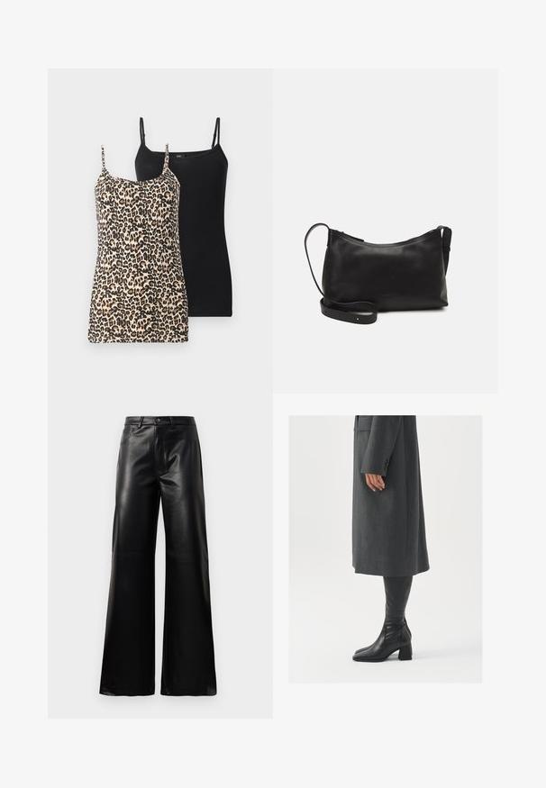 Two tank tops: one with a leopard print in beige and black, the other solid black. Both feature thin adjustable straps and a fitted design.; Black high-waist wide-leg faux leather pants with front button, zip closure, belt loops, and side pockets on white background.; Gray, tailored overcoat with a straight cut; paired with knee-high black leather boots featuring a square toe and chunky heel.; Black leather shoulder bag with a smooth texture, curved shape, adjustable strap, and a zip closure. Minimalist design without embellishments.