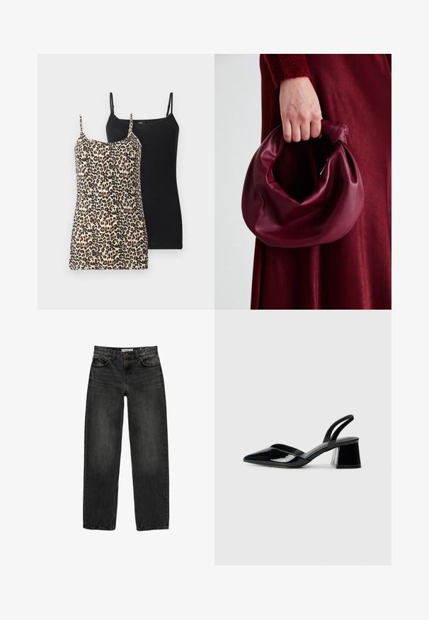 Dva tielka: jedno s leopardím potlačou v béžovej a čiernej farbe, druhé jednofarebné čierne. Obe majú tenké nastaviteľné ramienka a sú strihané na telo.; Čierne džíny z denimu s uvoľneným strihom, rovnými nohavicami, piatimi vreckami a mierne vyblednutou textúrou. Zapínanie na gombík a zips v prednej časti.; Čierne lakované kožené sandálové podpätky s špicatou špičkou a geometrickým blokovým podpätkom. Disponujú elegantným, minimalistickým dizajnom a hladkým povrchom.; Burgundská kožená kabelka s mäkkým, zhromaždeným dizajnom a zaobleným tvarom. Rukoväť je pevne zaisťujúca a vystavuje hladkú textúru.