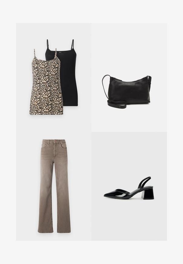 Kaks tanki: üks leopardi mustris beige ja must, teine täiesti must. Mõlemal on õhukesed reguleeritavad rihmad ja sobiv disain.; Pruunid kõrge vöökohtadega sirged teksad, millel on ees nupp, vöölõngad ja klassikaline viie tasku disain valgel taustal.; Mustad musta lakknahk kingad, millel on terav varvas ja geomeetriline plokkkonts. Omab elegantselt minimalistlikku disaini ja sujuvat tekstuuri.; Mustmust nahk õlakotil on sile tekstuur, kumer kuju, reguleeritav rihm ja lukuga sulgemine. Minimalistlik disain ilma kaunistusteta.