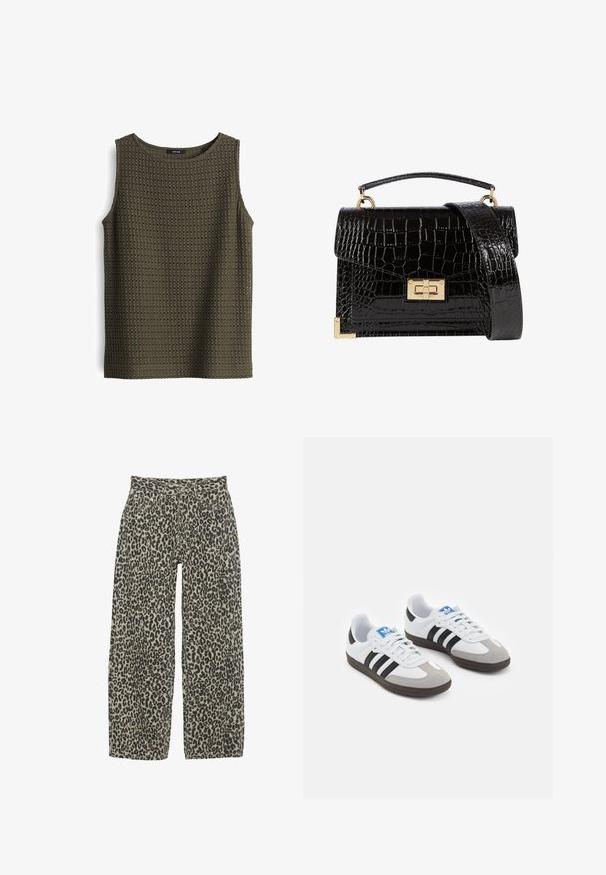 Mouwloos olijfgroen topje gemaakt van textuur gebreide stof met een open weefpatroon. Heeft een ronde halslijn en een rechte zoom.; Leopardprint wijdere broek in een neutrale beige en zwarte kleurstelling. Kenmerken zijn een hoge taille, vijf zakken en een knoopsluiting.; Sportschoenen met een witte leren bovenkant, grijze suède neus en drie zwarte strepen. Bevat een blauw logo op de tong en een gestructureerde rubberen zool.; Zwarte patenten leren handtas met een krokodillenstructuur, gouden hardware, een bovenhandvat en een afneembare schouderband. Rechthoekige vorm met een klepafsluiting.