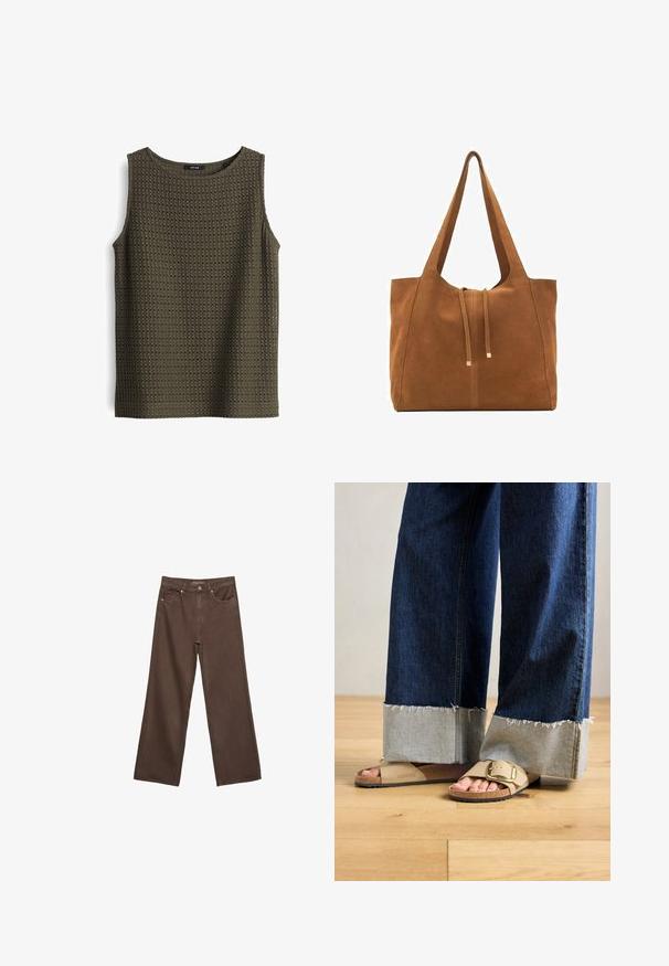 Top senza maniche verde oliva realizzato in tessuto a maglia testurizzato con un motivo a trama aperta. Presenta un collo rotondo e un orlo dritto.; Jeans a gamba larga marroni in denim, con vita alta, tasche anteriori e chiusura a bottone classica. Tessuto liscio con cuciture sottili.; Piedi che indossano sandali Birkenstock beige con fibbie d'oro, abbinati a jeans denim blu scuro arrotolati sulle caviglie, in piedi su un pavimento di legno.; Borsa a tracolla in suede marrone con due lunghe cinghie, chiusura con cordoncino e design minimalista. Texture liscia e senza elementi hardware visibili.