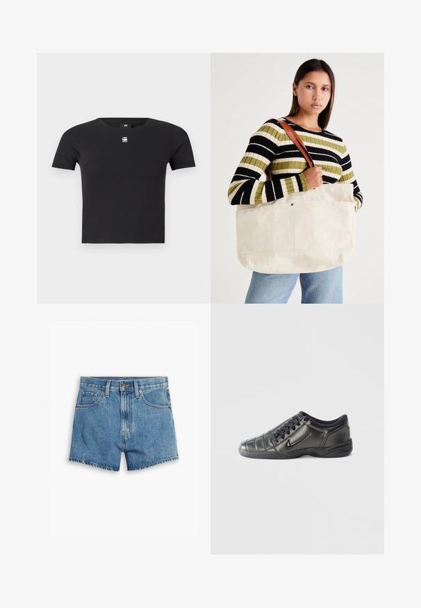 Mustarast värvi puuvillane t-särk lühikeste varrukatega, ümmargune kaelus ja väike valge logo rinna piirkonnas. Sile tekstuur.; Heledad teksapüksid helesinisena, millel on viis taskut, tõmblukk ja nööpkinnitus. Varrukad on lõdvenenud ja servad on kulunud.; Mustad mustad Nike'i spordijalats mustade nööpide ja tikanditega ning tekstuurse tallaga, valge ühtlase tausta peale.; Suur beežist kangast kott pruunide nahkrihmadega, millel on minimaalne disain ja nähtavad õmblusaktsendid.
