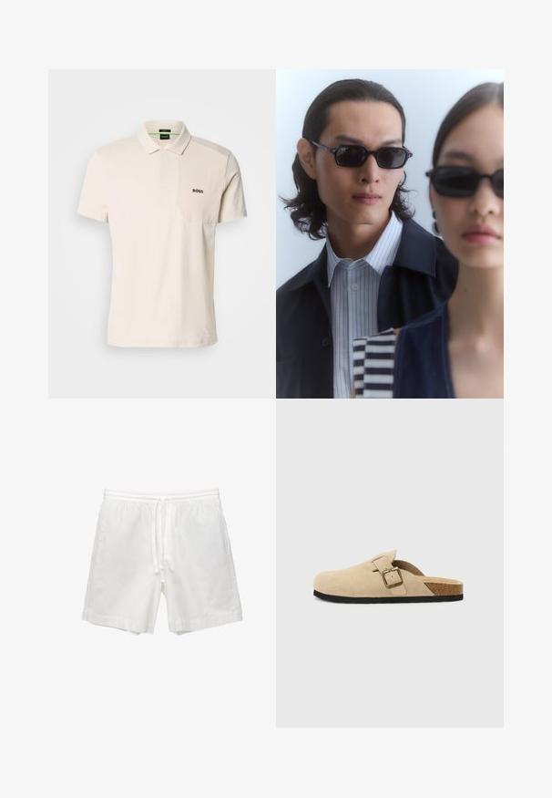 Polotröja i ljusbeige bomull med korta ärmar, krage, knappslå och en texturerad bröstpanel med "BOSS"-logotyp.; Vit långärmad skjorta i bomull med klassisk krage, framknäppning med knappar och en mjuk struktur. Röd detalj på insidan av kragen.; Vita bomullsshorts med elastisk midja och snörning, sidofickor och rak skärning med färdiga fållar.; Beiga mockasiner i mocka med korkfot, rund tå och en enkel rem med ett spänne i guldton. Gummisula för bra grepp.; Svarta solglasögon med vinklade bågar som bärs av en man och en kvinna. Mannen har en blå och vit randig skjorta under en mörk jacka; kvinnan har en mörk, mönstrad topp.