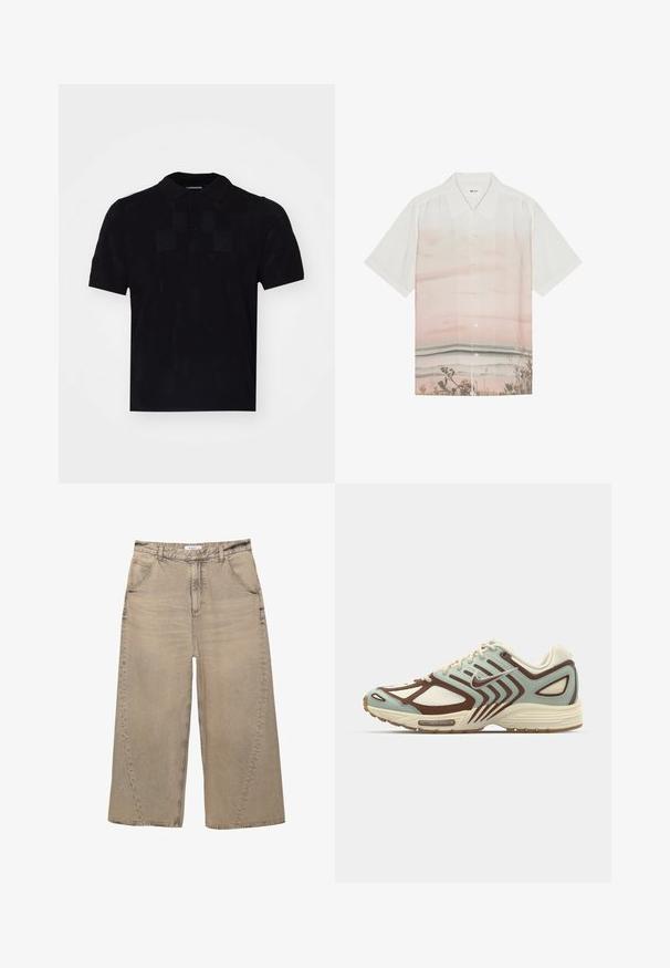 Schwarzes Polo-Shirt mit kurzen Ärmeln, strukturiertem Muster, drei-Knopf-Leiste und klassischem Kragen. Hergestellt aus leichtem Stoff.; Kurzarmhemd aus weißem Stoff mit einem Farbverlauf in sanften Rosa-Tönen und einem Strandmotiv am unteren Rand. Knopfschluss.; PULL&BEAR MEGA BAGGY - Baggy Jeans - light grey; Hellblaue und braune Sneaker mit einem strukturierten Mesh-Obermaterial, geschichtetem Design, reflektierenden Akzenten und einer gepolsterten cremefarbenen Zwischensohle.