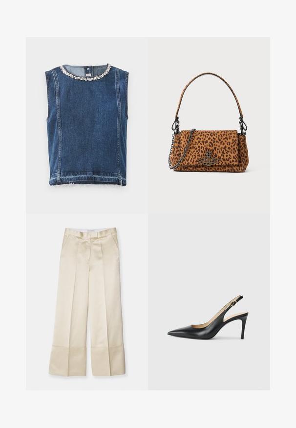 Tumed sinise värvi denimpait, millel on helmestest kaelus ja rebenditega äär. Kangas on tekstuurse pinnaga, mis tagab vastupidavuse.; Beežid laiad püksid sujuvast kangast, millel on kõrge vöökoht, volditud eesmine osa ja volditud hem, küljetaskud ja puhas viimistlus.; Mustad nahast seljataga kõrged kontsad, kellel on terav varvas, reguleeritav rihm ja sujuva viimistlusega stiilne stiletto konts.; Leopardimustriga nahkese käekott, mis on valmistatud suede'ist, lühikese käepideme ja ahelahaga. Ristkülikukujuline kuju flapi sulgemisega.