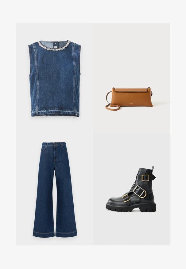 Sötétkék farmer ujjatlan felső, gyöngyös nyakkivágással és rojtos szegéllyel. Az anyag textúrázott felülete a tartósságot hangsúlyozza.; Magas derekú, széles lábú kék farmernadrág, gombos záródással, övhurkokkal és diszkrét varrási részletekkel a zsebeknél és a szegélyeknél.; Fekete bőr bokacsizma vastag talppal, több pánttal és arany színű kiegészítőkkel. Simára csiszolt felület, robosztus dizájn.; Barna bőr kézitáska, téglalap alakú, texturált felület, leválasztható pánt, cipzáras záródás, diszkrét logóval a záron.