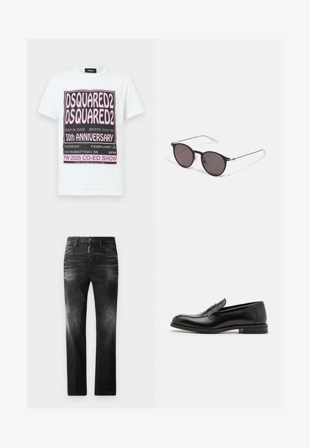 Weiße Baumwoll-T-Shirt mit schwarzem und pinkem Grafiktext für die Details der DSQUARED2 30. Jubiläumsfeier, kurze Ärmel und Rundhalsausschnitt.; Schwarze Jeans aus Denim mit geradem Schnitt. Verfügt über ausgebleichte Bereiche, leichte Abnutzung, klassisches Fünf-Taschen-Design und einen Knopfverschluss.; Schwarze Lederloafers mit glatter Textur, rundem Zehenbereich und einem dekorativen Riemen über dem Vorderfuß. Niedriger, gestapelter Absatz, minimalistisches Design.; Schwarze runde Sonnenbrille mit dunklen Gläsern und schlanken Metallbügeln. Enthält klare Tempelspitzen und silberne Akzente am Scharnier. Minimalistisches Design.