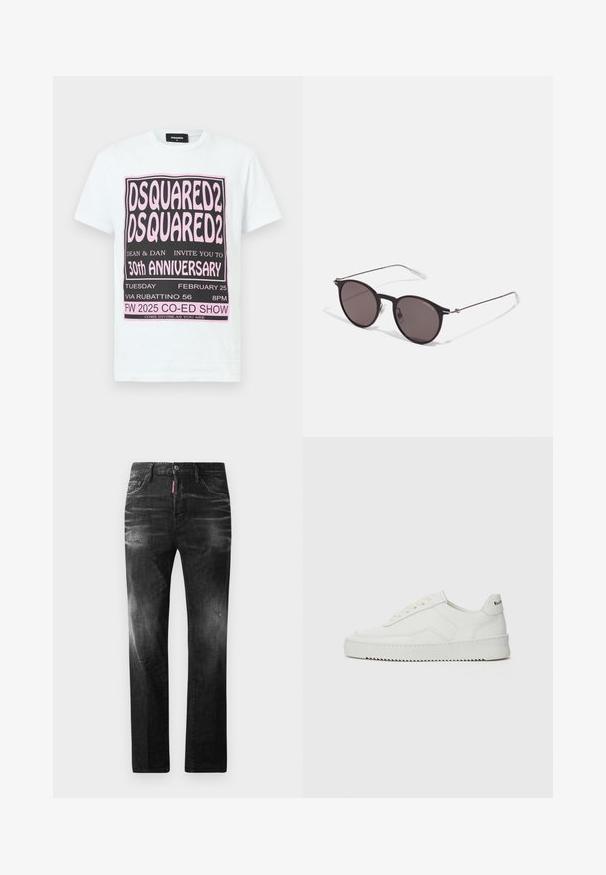 Biela bavlnená tričko s čiernym a ružovým grafickým textom na detaily udalosti 30. výročia DSQUARED2, krátke rukávy a okrúhly výstrih.; Čierne denimové džínsy so štandardným strihom. Obsahujú vyblednuté oblasti, drobné opotrebenie, klasický dizajn s piatimi vreckami a zapínanie na gombík.; Biele kožené tenisky s hladkým povrchom, okrúly špičkový dizajn, ploché šnúrky a textúrovaná podrážka. Obsahujú jemné logo na päte.; Čierne okrúhle slnečné okuliare s tmavými sklami a tenkými kovovými ramenami. Obsahujú priehľadné konce rámov a strieborné akcenty na pántoch. Minimalistický dizajn.