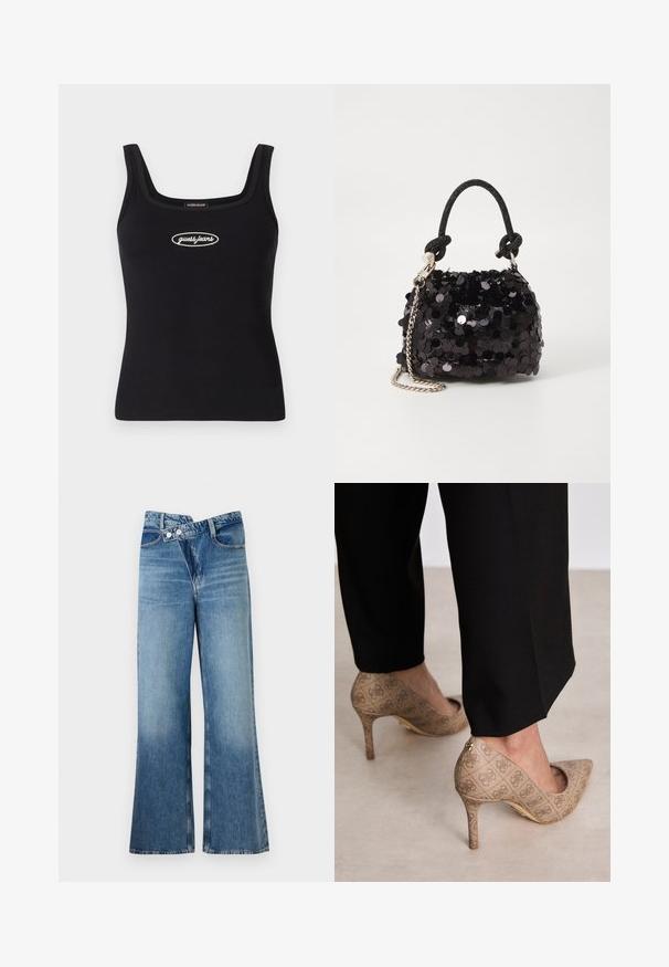 Débardeur noir à côtes avec un décolleté carré et un logo brodé "guess jeans" en blanc. Coupe ajustée et texture lisse.; Jean en denim bleu clair évasé à taille haute, doté de deux boutons et de poches avant. Le tissu a une texture décolorée avec des variations subtiles.; Chaussures à talons hauts beiges en tissu texturé avec un motif répétitif. Design à bout pointu avec un accent à l'arrière et détail de talon doré.; Mini sac à main en sequins noirs avec une bandoulière texturée nouée et une chaîne argentée. Forme arrondie avec un haut froncé et des détails réfléchissants.