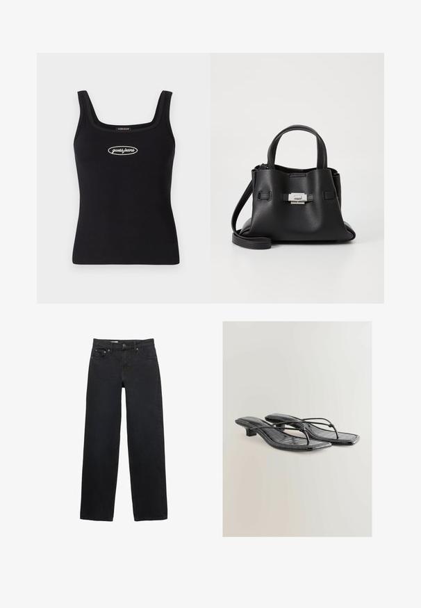 Črn rebrast top brez rokavov s kvadratnim izrezom in vezenim logotipom "guess jeans" v beli barvi. Tesno prileganje in gladka tekstura.; Črne široke jeans hlače iz denima, s petimi žepi, gumbom za zapiranje, subtilnim šivanjem in ravnim krojem od pasu do roba.; Črne sandale z visokimi petami iz umetnega usnja z lakirano površino, s kvadratnim nosom, tankimi trakovi in podrobnostmi v obliki krokodila. Oblika nizke blokaste pete.; Črna usnjena torbica z teksturirano površino, ki ima dva zgornja ročaja, odstranljiv ramenski trak in podrobnosti z srebrnim zapiranjem.