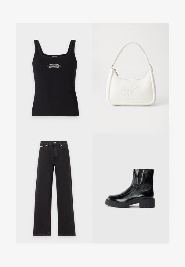 Juodas raštuotas bakas su kvadratiniu iškirpimu ir balta siuvinėta "guess jeans" logotipu. Liesas siluetas ir lygi tekstūra.; Juodos plačios kojų džinsai, pagaminti iš džinsinio audinio, su aukštu liemeniu, penkių kišenių stiliumi ir metaline sagte su kontrastingo siuvimo detalėmis.; Juodi kulkšniniai batai su blizgia lakuota oda, storu juodu guminio pado ir pakeltu kulnu; šone yra subtilus logotipo detalė.; Balta odinė rankinė su išlenkta forma, su reljefiniu "CK" logotipu priekyje ir viena petneša. Užtrauktuko uždarymas viršuje.