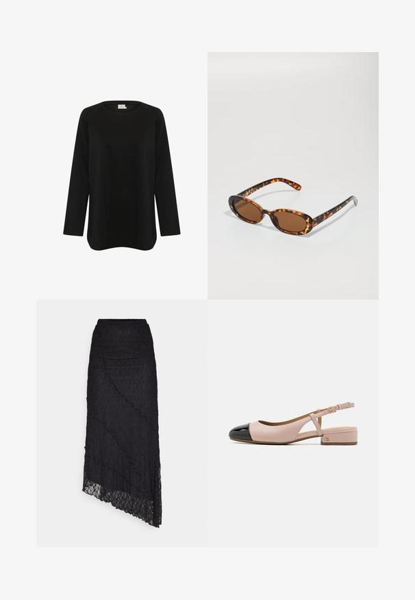 Črna dolgih rokavov majica iz mehkega blaga, z okroglo ovratnikom in sproščenim krojem ter stranskimi razpoki na robu. Brez vidnih vzorcev.; ONLY ONLKIM LACE SKIRT - Dolgo krilo - black; Sandal z edinim zadnjim pasom z rožnato usnjeno zgornjimi deli in sijočim črnim kapom. Ima majhen blokasti peti in nastavljiv gležni trak.; Želve kreme sončna očala z ovalnimi okvirji, rjavimi lečami in tankimi črnimi ročaji, ki imajo subtilne vzorčne akcentne podrobnosti.