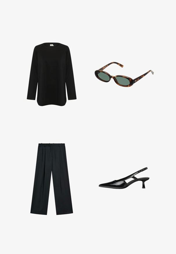 Svart långärmad topp i mjukt material, med rund halsringning och en avslappnad passform med sidopartier vid fållen. Inga synliga mönster.; Svarta vida byxor med veckad front, midja med bältesömmar och sidofickor. Tillverkade av ett mjukt tyg med en strömlinjeformad design.; Svart lackläder slingback-klackar med spetsig tå, utskuren sidor och en liten fyrkantig klack. Slät textur med minimala accenter.; Sköldpaddsmönstrade solglasögon med ovala bågar och gröna linser. Har tunna skalmar med en metallisk detalj vid gångjärnen.; Even&Odd Shoppingväska - black