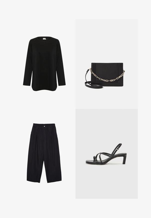 Črna dolgih rokavov majica iz mehkega blaga, z okroglo ovratnikom in sproščenim krojem ter stranskimi razpoki na robu. Brez vidnih vzorcev.; Črne poliesterske culotte hlače z elastičnim pasom, dvema sprednjima nabiranjema in ohlapnim krojem. Brez vidnih vzorcev ali kovinskih detajlov.; Črne natikače s trakovi in kvadratnim prstom ter nizkim blokastim peto. Imajo več tankih trakov in nastavljiv trak okoli gležnja. Narejene so iz gladkega usnja.; Črna usnjena torba čez ramo z gladko teksturo, pravokotno obliko in kovinskim verižnim detajlom spredaj. Vključena je nastavljiva naramnica.
