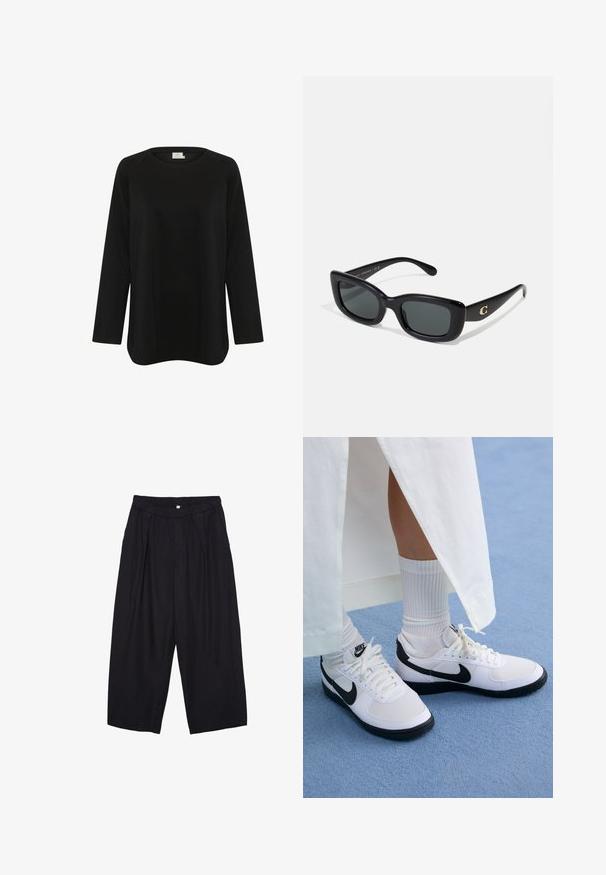 Sort langærmet top lavet af blødt stof, med en rund halsudskæring og en afslappet pasform med sideklip i kanten. Ingen synlige mønstre.; Sorte polyester culotte bukser med elastisk talje, to forpiber og en løs silhuet. Ingen synlige mønstre eller hardware detaljer.; Hvide Nike sneakers med sorte accenter, der har en glat læderoverdel, hvide snørebånd og slidstærke gummiydersåler, parret med hvide ribbede sokker.; Sorte rektangulære solbriller med mørke linser, lavet af glat plastik. Har et guld logoaccent på den ene stang.; Sort lædervest med høj krave, lynlåslommer og en sort quilted håndtaske med sølvhardware, båret med en lang sort nederdel.