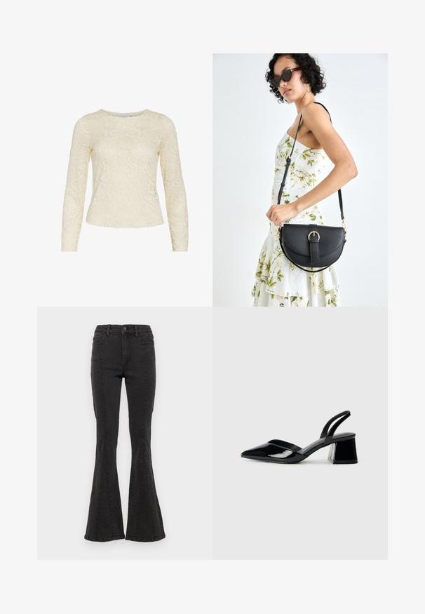 Lace long-sleeve top in cream, featuring a floral pattern, round neckline, and slightly fitted silhouette. Soft texture with intricate detailing.; Black denim flared jeans with a high waist, featuring side seams and a clean finish at the hem. Fabric has a smooth texture with slight stretch.; Black patent leather slingback heels with a pointed toe and a geometric block heel. Features a sleek, minimal design and smooth texture.; Black leather handbag with a curved shape, detachable strap, and gold hardware. The bag features a flap with a buckle detail.