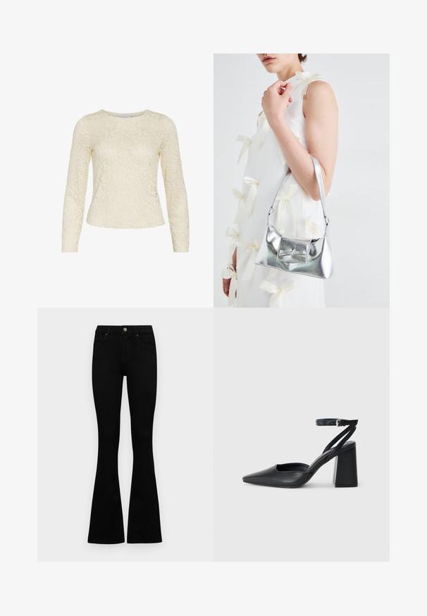 Lace long-sleeve top in cream, featuring a floral pattern, round neckline, and slightly fitted silhouette. Soft texture with intricate detailing.; Black high-waist jeans with a button and zip closure, front pockets, and flared legs laid flat on a white background.; Black leather pointy-toe pump with an ankle strap and a chunky heel. Flat texture, sleek design, and minimalistic aesthetics.; Silver metallic handbag with a structured shape, featuring a top handle and bow detail on the front. Smooth texture, reflective finish.
