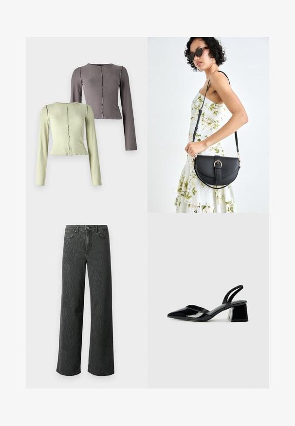 Súprava dvoch dlhých rukávov, rebrovaných topov v svetlosivej a tmavosivej farbe. Každý má okrúhly výstrih a jemný vlnitý lem.; Džínsy so širokými nohavicami v tmavošedej denime, s jemnou textúrou v zebrovom vzore, kontrastným prešívaním a dizajnom s piatimi vreckami a gombíkovým zapínaním.; Čierne lakované kožené sandálové podpätky s špicatou špičkou a geometrickým blokovým podpätkom. Disponujú elegantným, minimalistickým dizajnom a hladkým povrchom.; Čierna kožená kabelka s zaobleným tvarom, odnímateľným popruhom a zlatými doplnkami. Kabelka má klopu s detailom s prackou.