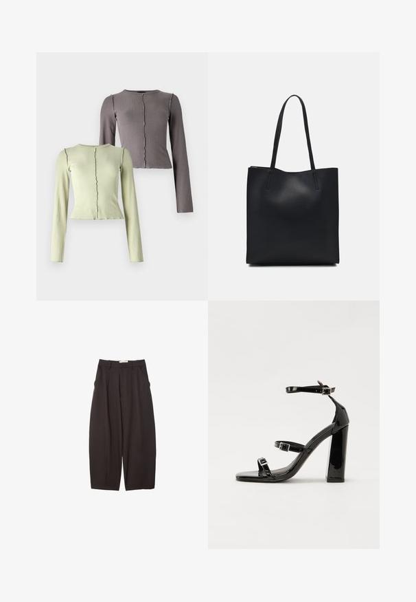 Set dveh dolgih rokavov, rebrastih majic v svetlo zeleni in temno sivi barvi. Vsaka ima okroglo ovratnico in subtilen valovit rob.; Črne široke hlače iz gladkega materiala, z visokim pasom, zgornjimi pregibi in stranskimi žepi. Preprost dizajn brez okrasnih elementov.; Črne lakirane sandale s peto, kvadratnim prstom, trakovi okrog gležnja in srebrnimi zaponkami. Opremljene so s stabilno Debelo peto.; Črna usnjena torba s svilnato teksturo, pravokotne oblike in dvema dolgima ročajema. Brez vidnih metalnih delov ali okrasnih elementov.