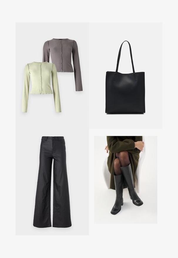 Kahe tükiga pikkade varrukatega ribatud tipud helesinises ja tumes hallis. Igal ühel on ümar kaelus ja peen laineline äär.; Mustad, laiad püksid kunstnahast. Omab kõrget vööd, vöökotte, kahte esipoolset taskut ja õmmeldud detaile.; Knee-high mustad nahast saapad nelinurkse varbaga ja plokilise kontsaga, esitatud mudeli kõrval, kes istub oliivirohelises mantlis. Sujuv tekstuur, minimaalne detailide arv.; Mustast nahast kott sujuva tekstuuriga, ristkülikukujuline ja kahe pika sangaga. Pole nähtavat riistvara ega kaunistusi.