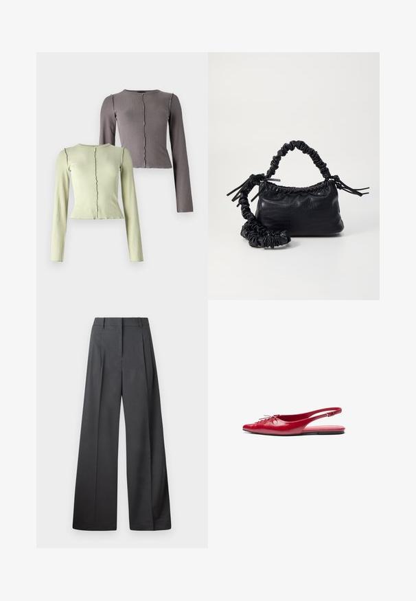 Set med två långärmade, ribbade toppar i ljusgrön och mörkgrå. Varje topp har en rund halsringning och en subtil vågig detalj nertill.; Vida byxor i mörkgrått tyg, med hög midja, enkla veck och en mjuk yta med en ren finish vid fållen.; Röda läder slingback-lägenheter med spetsig tå och en dekorativ snörningsdetalj på framsidan, med en smal ankelsnodd och platt sula.; Svart faux läderhandväska med krokodiltextur, snodd topp och en skrämd rem. Ser mjuk och kompakt ut i designen.