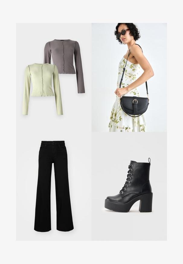 Conjunto de duas camisetas de manga longa, com padrão canelado, nas cores verde claro e cinza escuro. Cada uma possui um decote redondo e um detalhe sutil na barra em forma de onda.; Calças largas pretas em denim, com uma cintura estruturada, passantes para cinto e bolsos frontais. Textura suave com um design clássico.; Botim de pele preta até ao tornozelo com um salto bloco chunky, frente com atacadores e superfície texturizada. Apresenta uma lingueta na parte de trás para um uso fácil.; Bolsa de couro preta com forma curva, alça destacável e detalhes em dourado. A bolsa possui uma aba com detalhe de fivela.